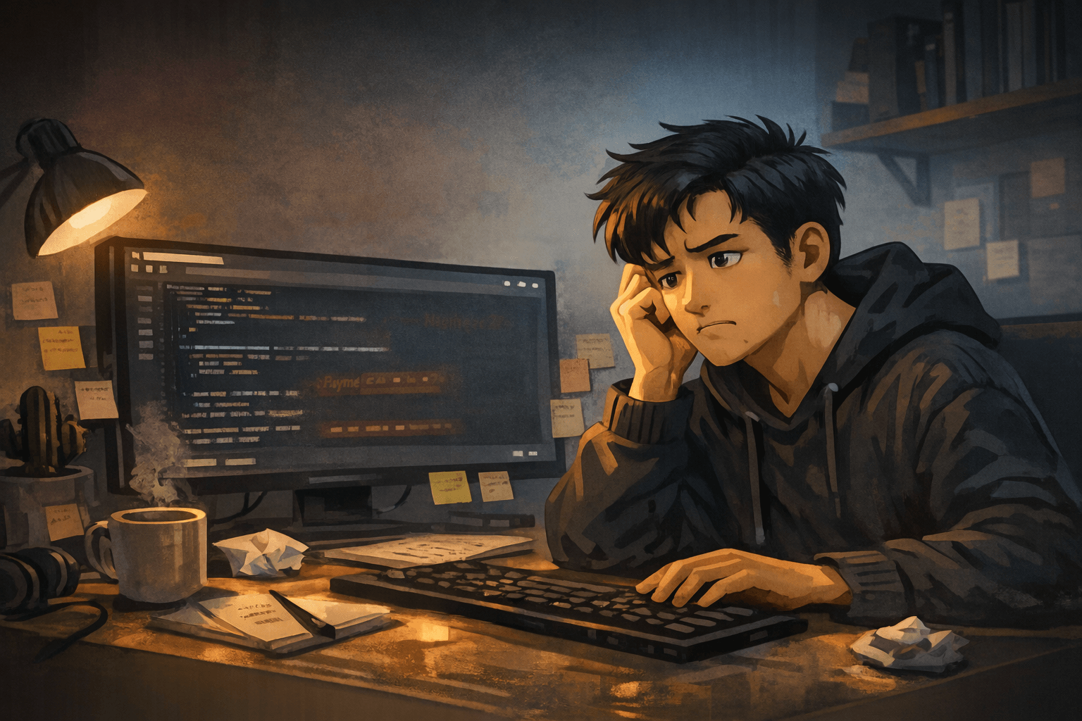 學生坐在電腦前，看著程式畫面感到困惑的插畫